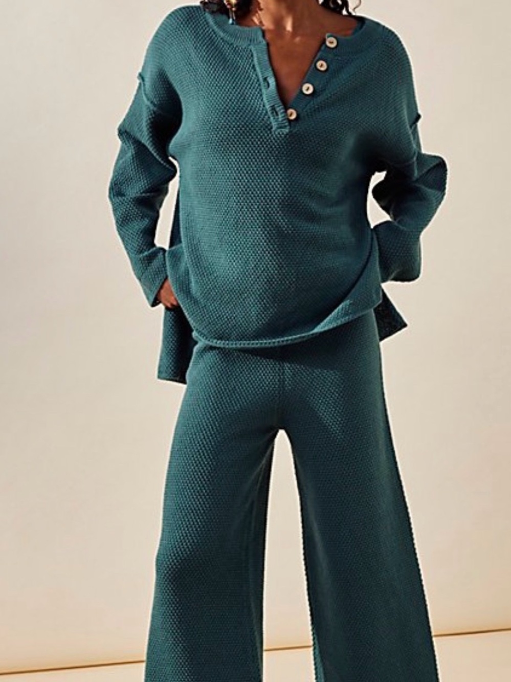 Free People Hailee Balsam Waffle-Knit Pajama Set - Henley Top & Wide-Leg Pants
